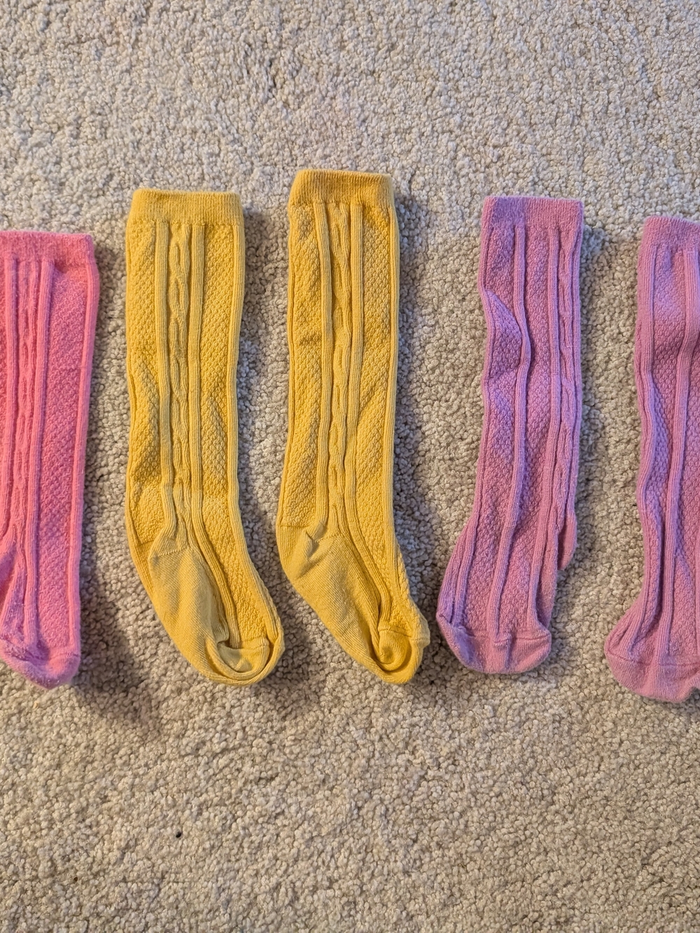 Little Stocking Co. 3 Pair. Knee-High Cable Knit Socks in Yellow, Pink, Purple